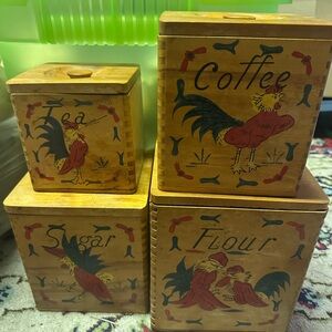 Vtg Wooden Farmhouse Canisters